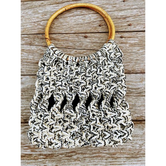 Vintage 1970s Macrame' Purse Bamboo handle Hippy Boho - Picture 7 of 10